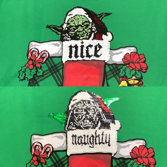 ⚡️ 🆕 Disney Star Wars Yoda flip sequins naughty/nice Ugly Christmas Sweater - Picture 11 of 12